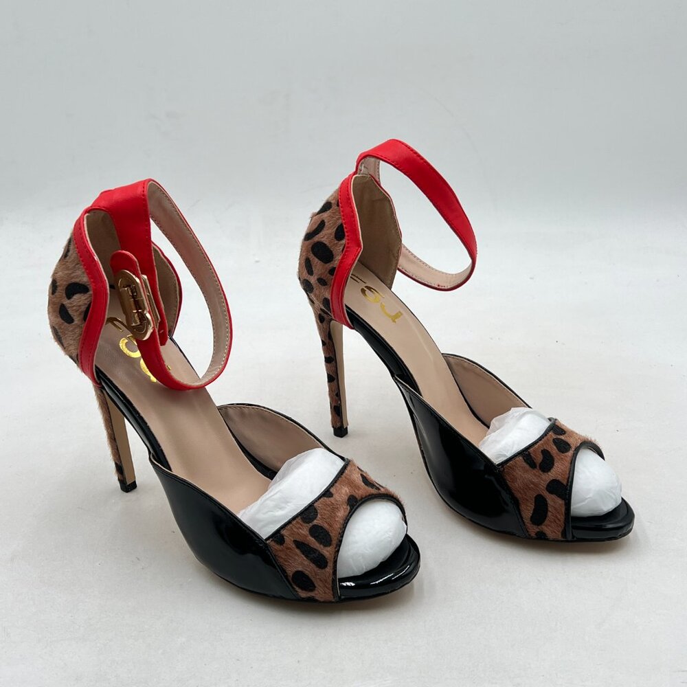 Leopard Print Red Ankle-Strap Stiletto Sandals - Picture 3 of 7